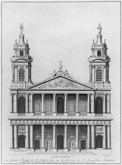 Iglesia de Saint-Sulpice, elevación de la fachada, París, grabado por Loignel o Laignel de Giovanni Niccolo Servandoni